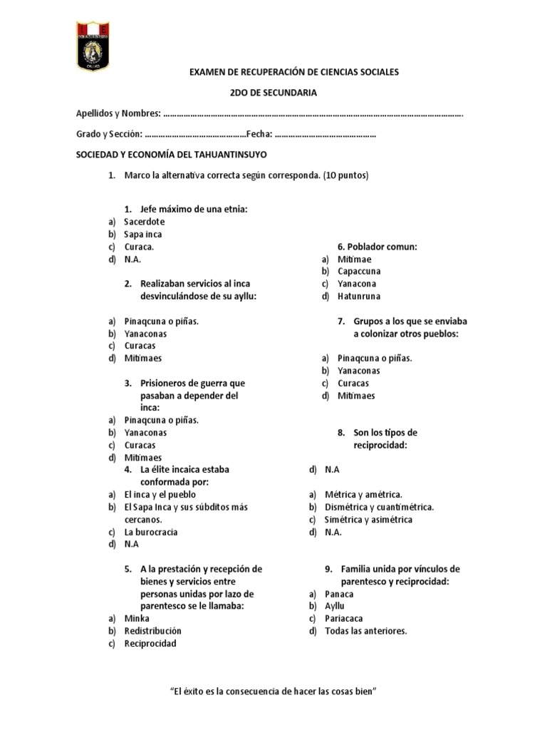 Examen de Ciencias Sociales 2 Secundaria | PDF | Imperio Inca ...