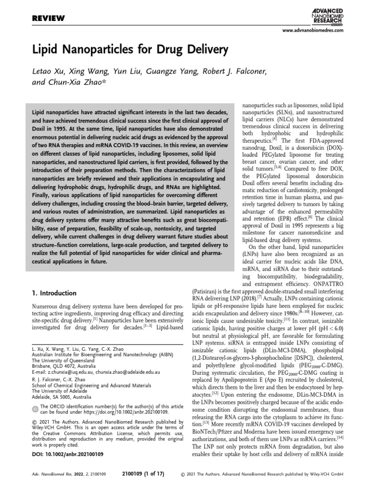 Lipid Nanoparticles in Drug Delivery | PDF | Liposome | Physical Chemistry