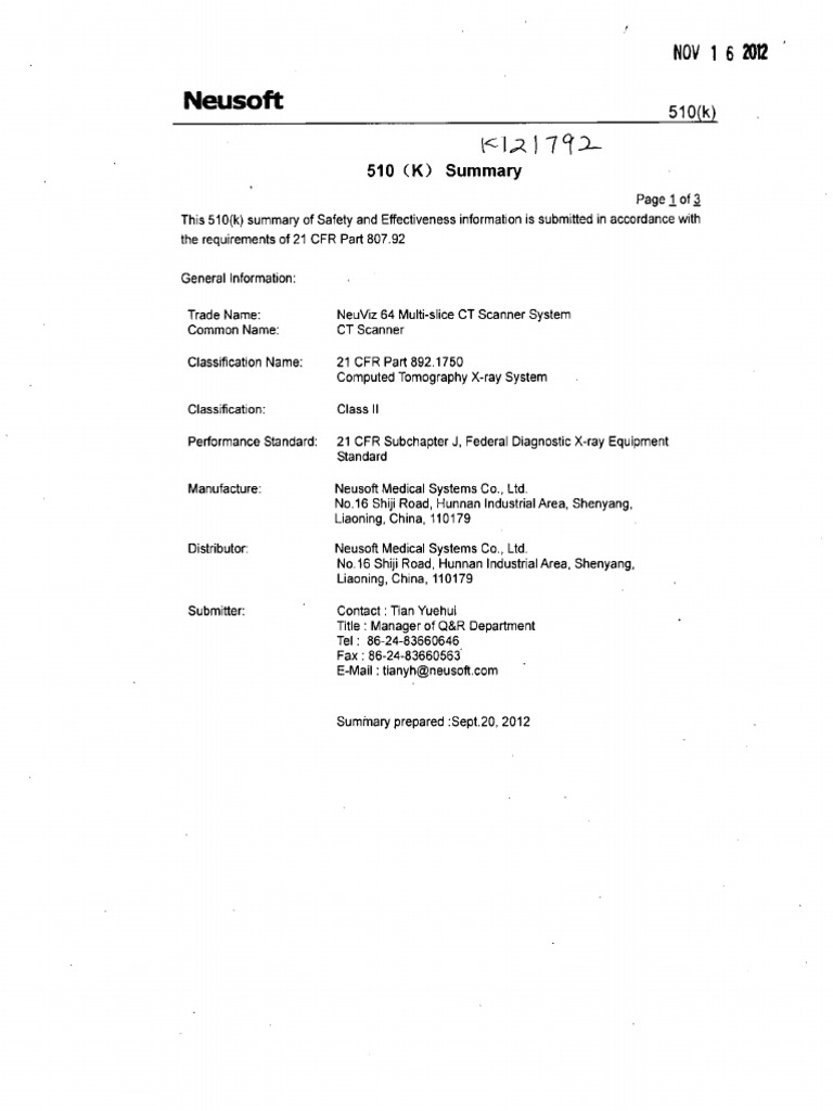 Neusoft 510 (K) Summary PDF Ct Scan Federal Food
