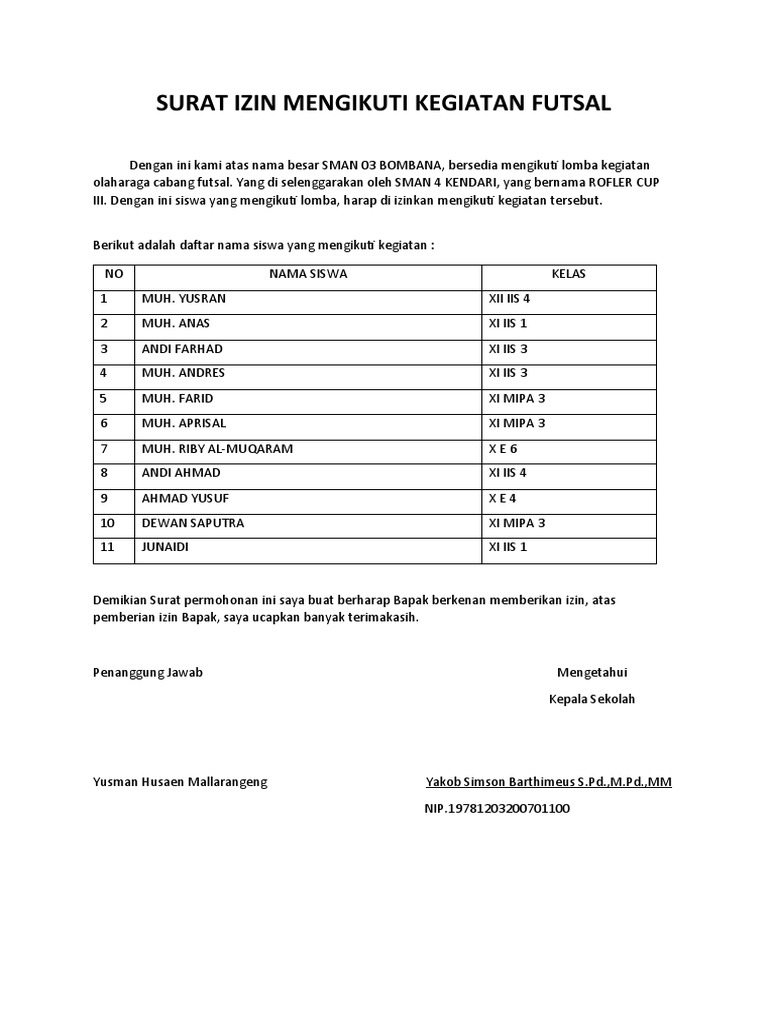 Dokumen - Tips Surat Izin Mengikuti Kegiatan Futsal | PDF