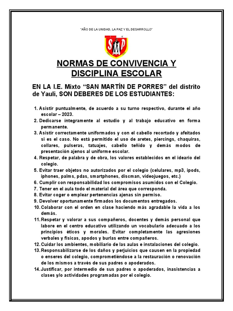 Normas de Convivencia Escolar 2023 | PDF