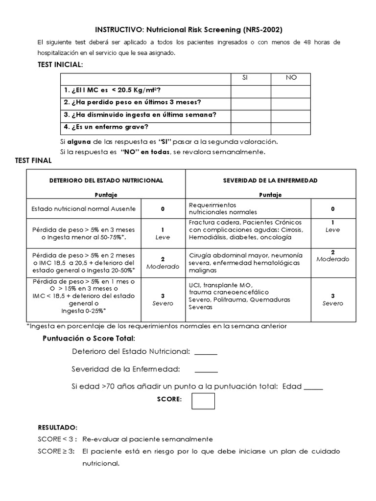Instructivo NRS-2002 para Tamizaje Nutricional | PDF | Peligros | Salud ...