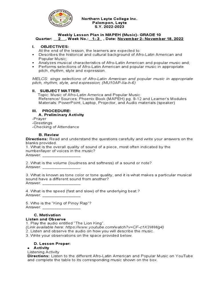 Lesson Plan Music 10 PDF Jazz Rock And Roll