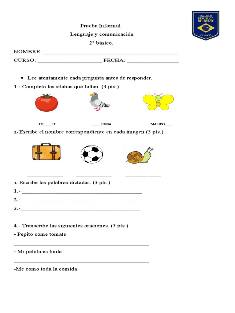 Prueba de Lenguaje 2° Básico | PDF | Artes del Lenguaje y Comunicación