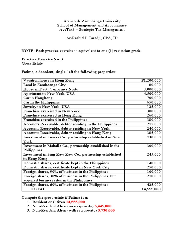 Practice Exercises No. 3, 4, and 5 Answer Key | PDF | Estate Tax In The ...