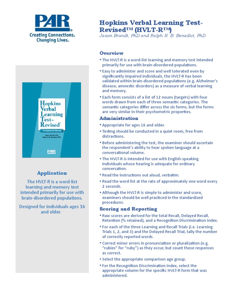 Hopkins Verbal Learning Test - Revised™ (HVLT-R) Edits | PDF | Recall ...