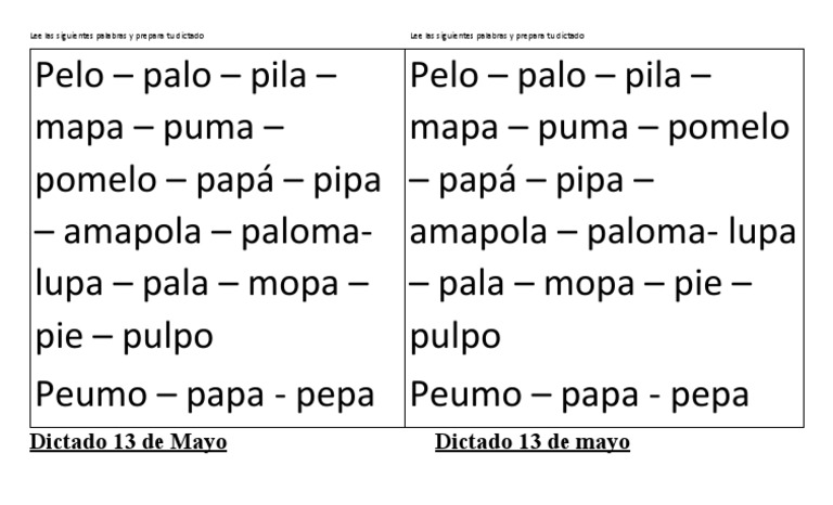 Dictado de palabras con la letra P | PDF