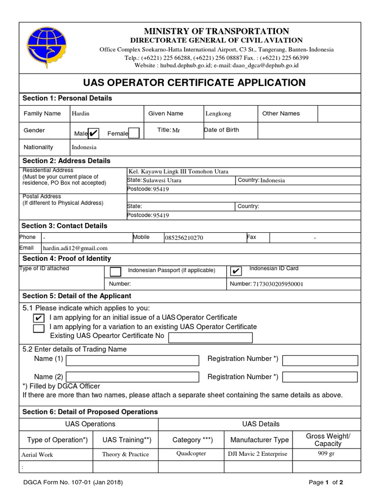 Dgca form 107 01 uas operator certificate application hardin lengkong