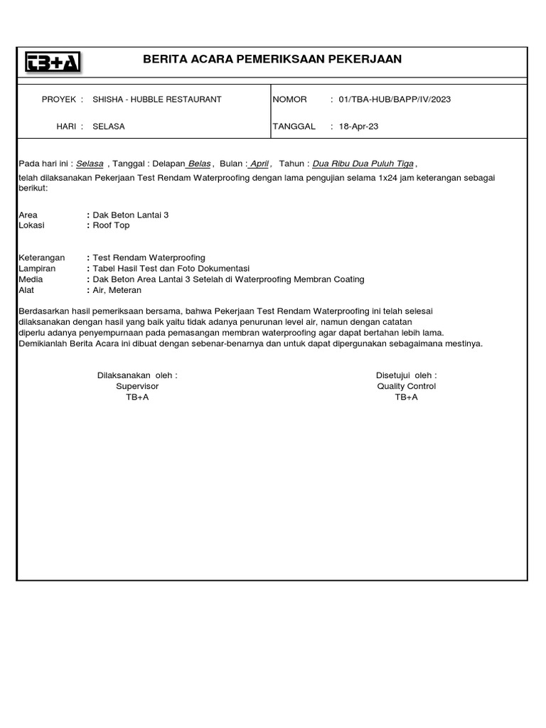BA Test Rendam Waterproofing Dak Atap Roof Top PDF