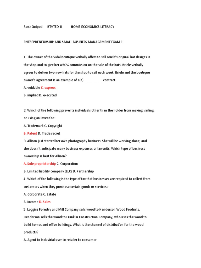 Entrepreneurship and Small Business Management Exam 1 | PDF ...