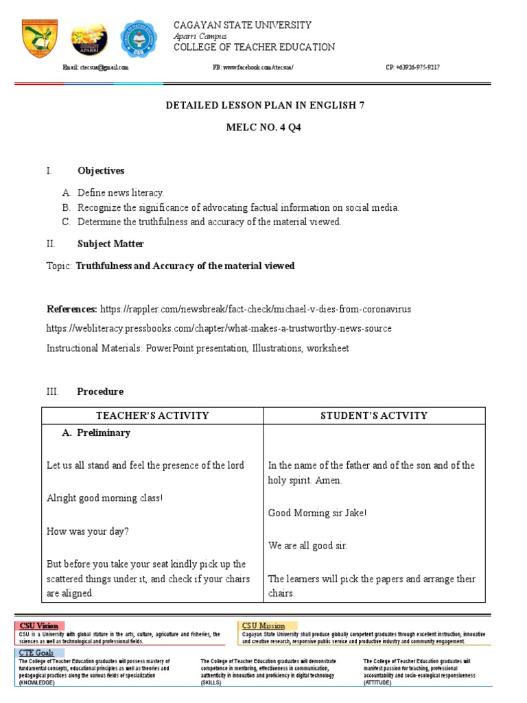 News Literacy Lesson Plan for English 7 | PDF | Teacher Education ...