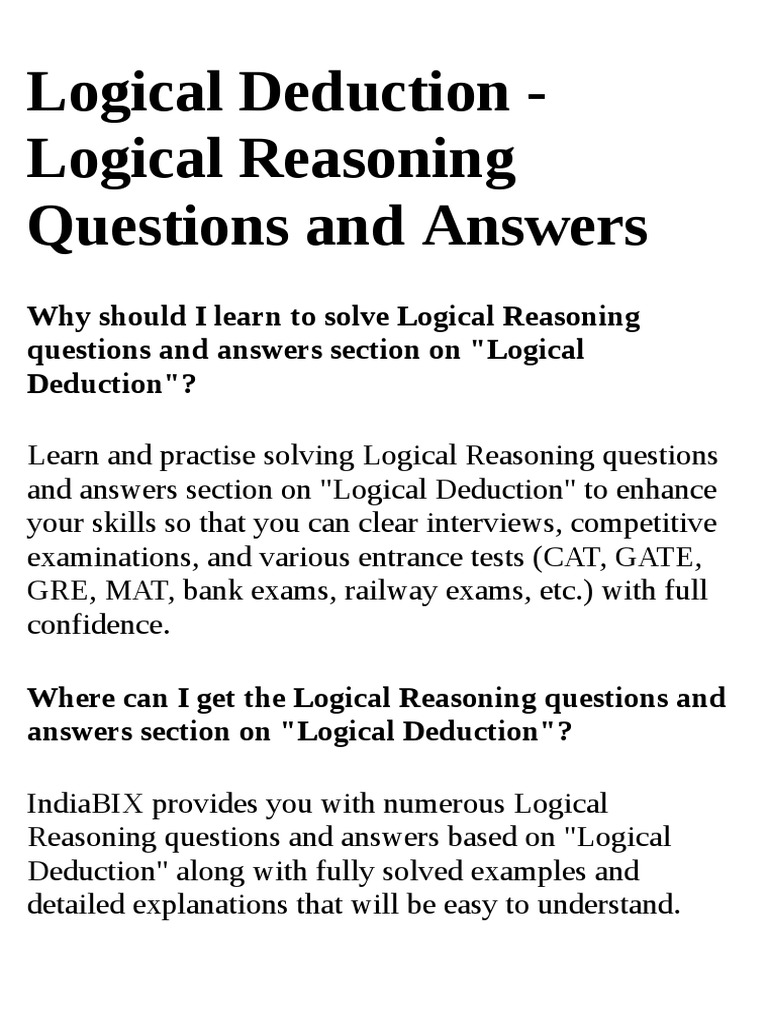 Logical Deduction Logical Reasoning Questions and Answers PDF