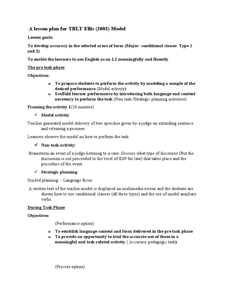 Task Based Language Teaching Amodellessonplanon Ellis 2003 | PDF ...
