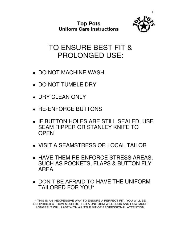 Uniform Care Instructions PDF