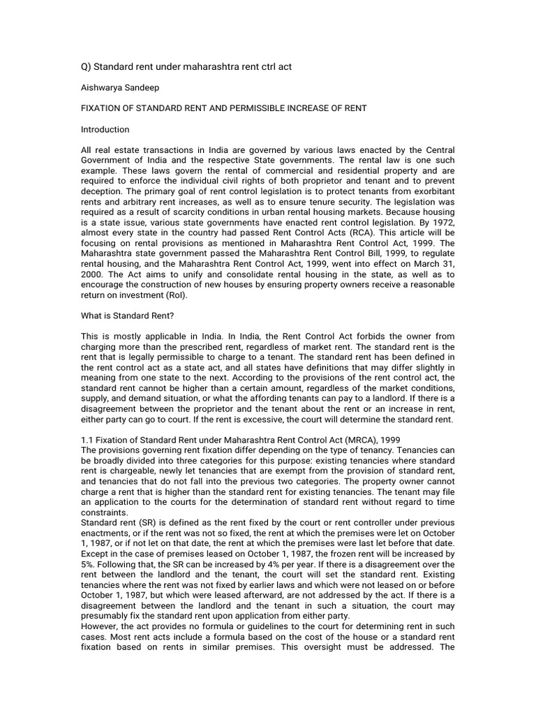 Standard Rent PDF Leasehold Estate Landlord