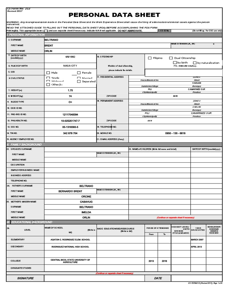 Cs Form No. 212 Revised Personal Data Sheet New PDF Government