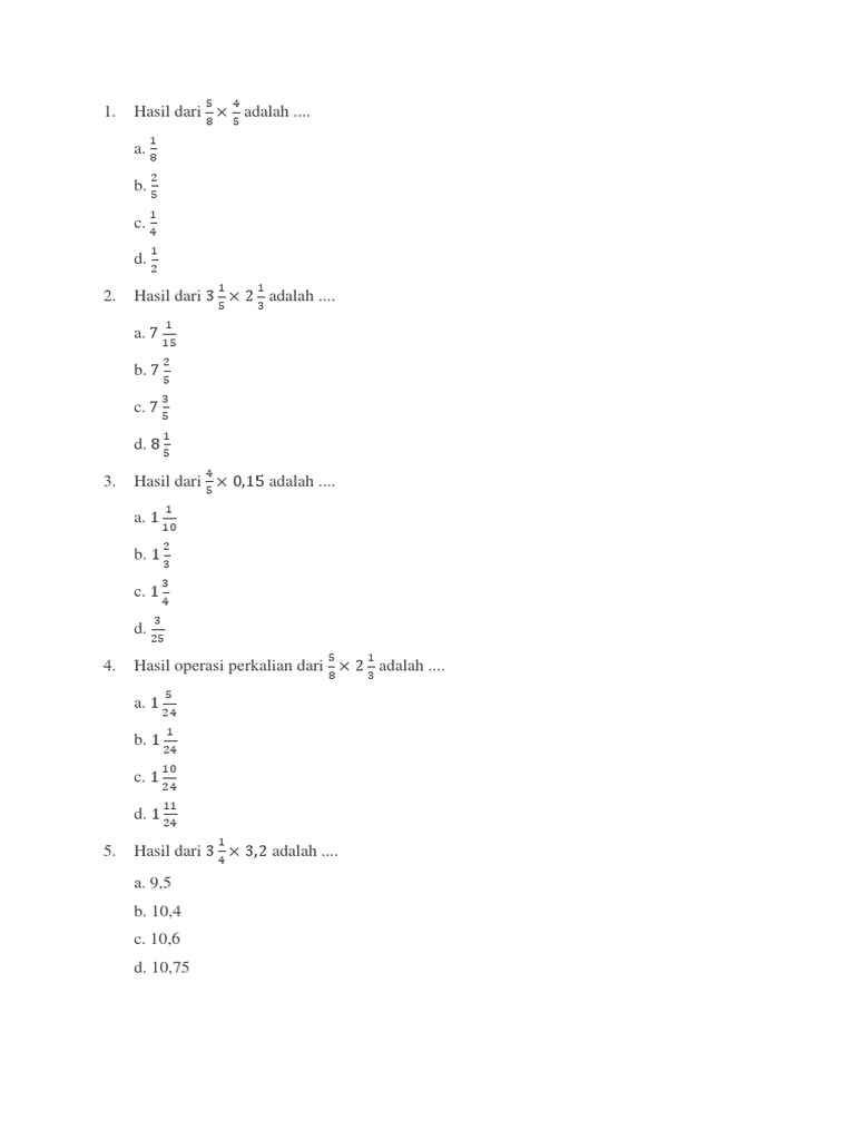 Soal Latihan Perkalian Pembagian Pecahan Kelas 5 Pdf