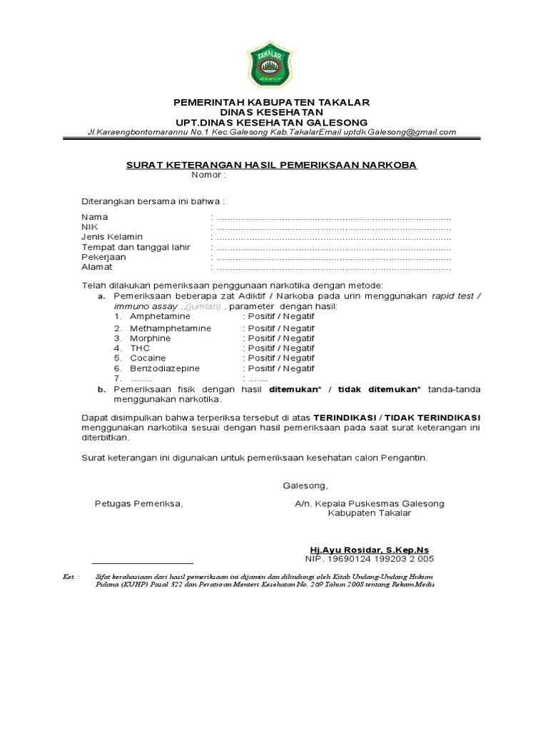 Draf Form Surat Keterangan Hasil Pemeriksaan Narkoba | PDF
