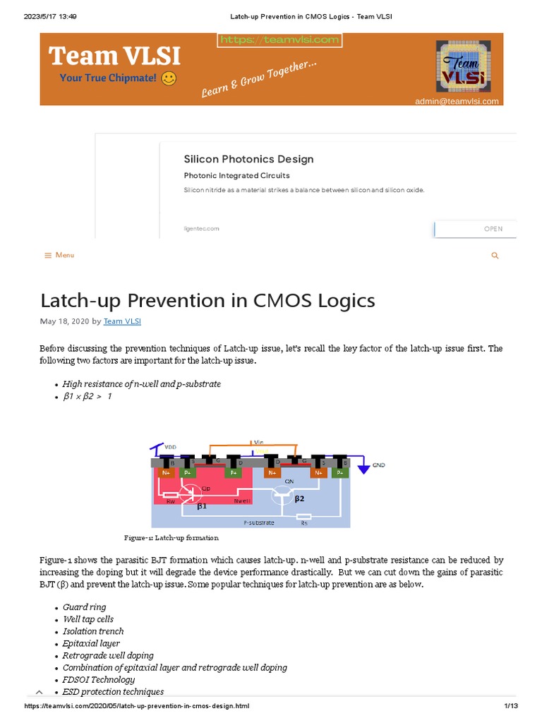 LatchUp Prevention in CMOS Logics Team VLSI PDF Mosfet Cmos