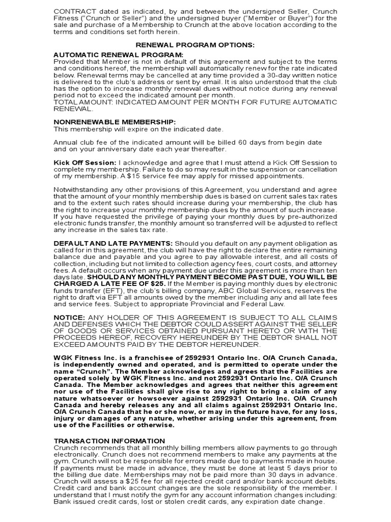 Crunch Fitness Membership Agreement | PDF | Payments | Credit Card
