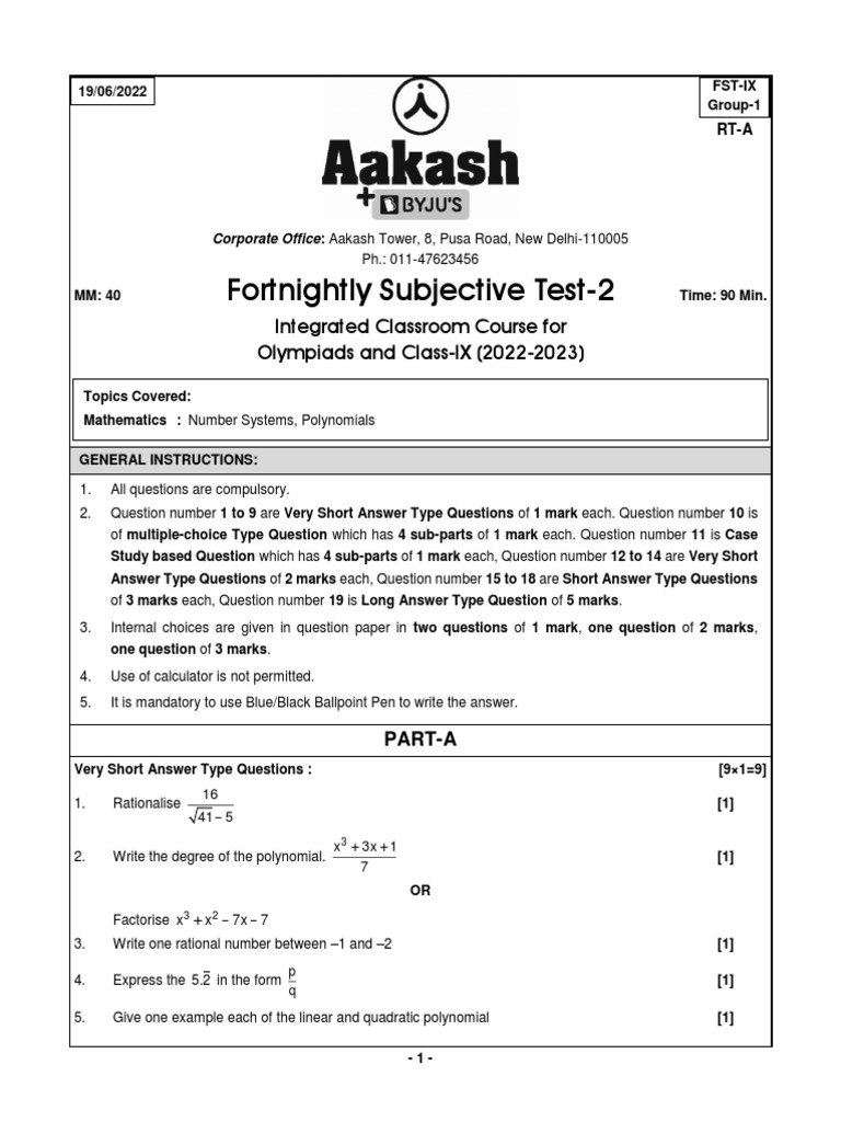 FST-2A (CBSE - G-1) IX Maths (19-06-2022) | PDF | Integer | Factorization