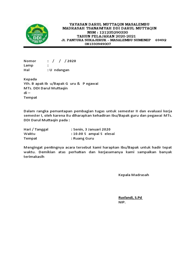 Undangan Rapat RAPBM Madrasah 2020 | PDF