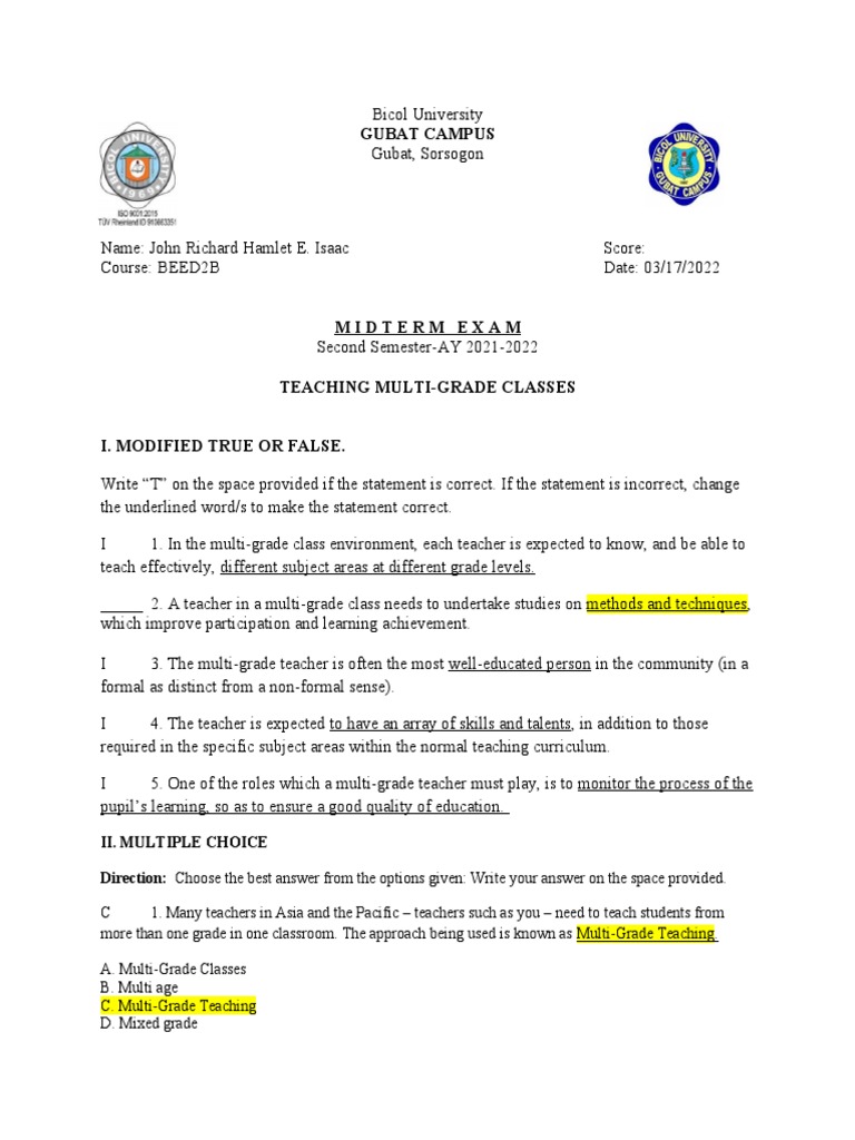 Midterm Exam: Teaching Multi-Grade Classes | PDF | Teachers | Schools