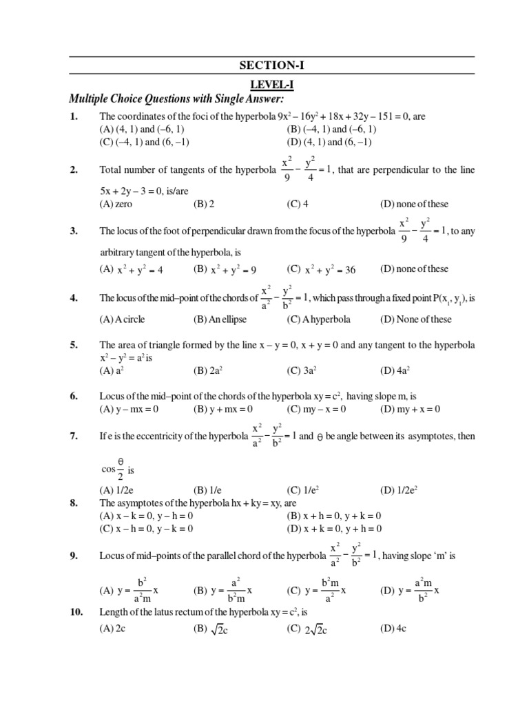 Hyperbola MCQs and Loci Problems | PDF | Ellipse | Perpendicular