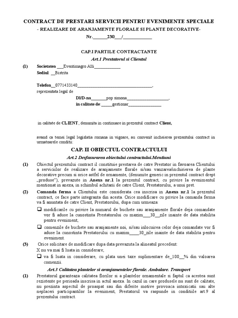Demo Contract Prestari Servicii Even Aranjamente Florale | PDF