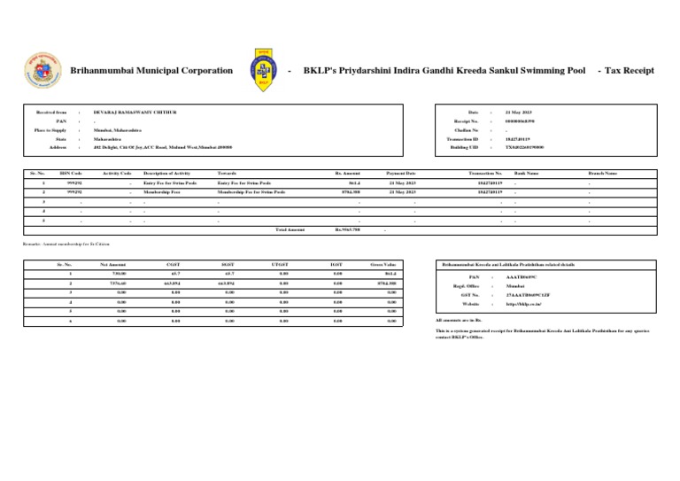 BKLP Swimming Pool Membership Receipt | PDF | Public Finance | Economies