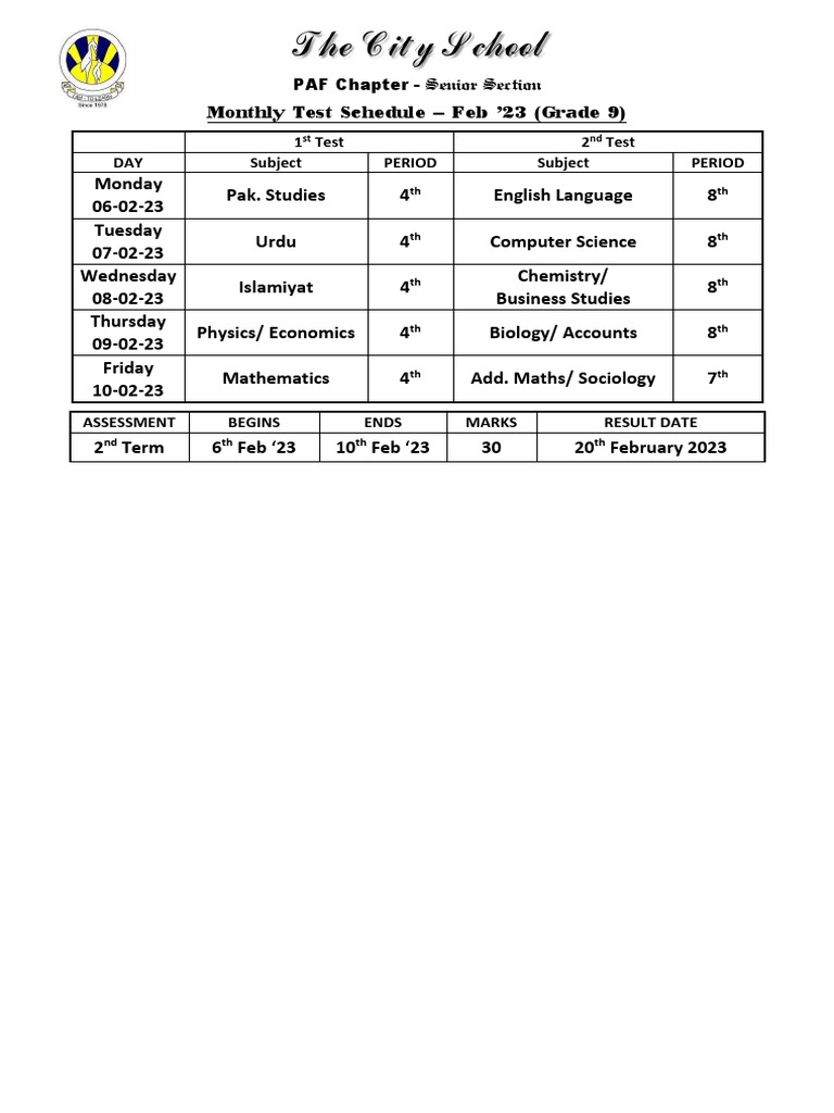 Monthly Test Schedule 9 Feb 23 Pdf