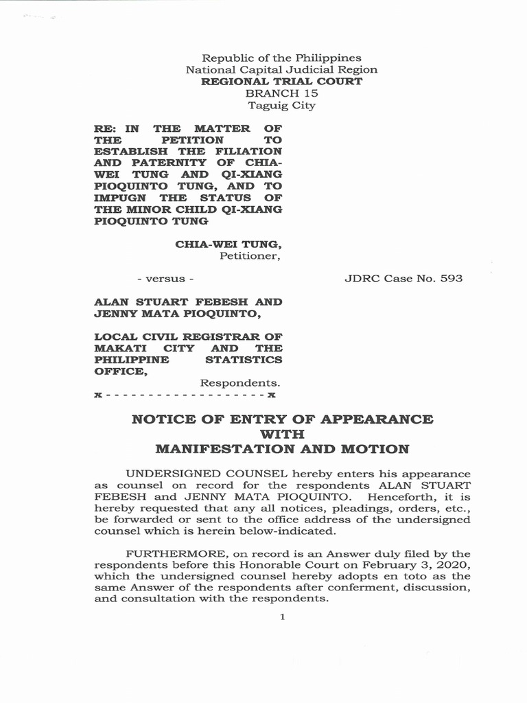 Notice of Entry of Appearance With Manifestation and Motion Jenny