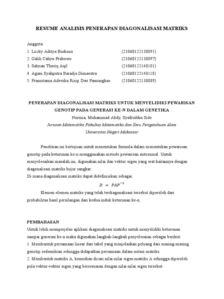 Diagonalisasi Matriks dalam Genetika | PDF