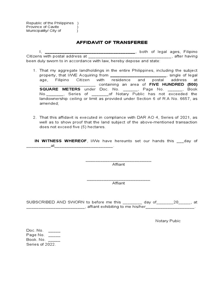 Affidavit of Transferee for Land Transfer | PDF | Finance & Money ...