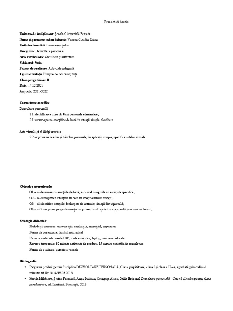 Proiect Didactic Clasa Pregătitoare - Furia | PDF