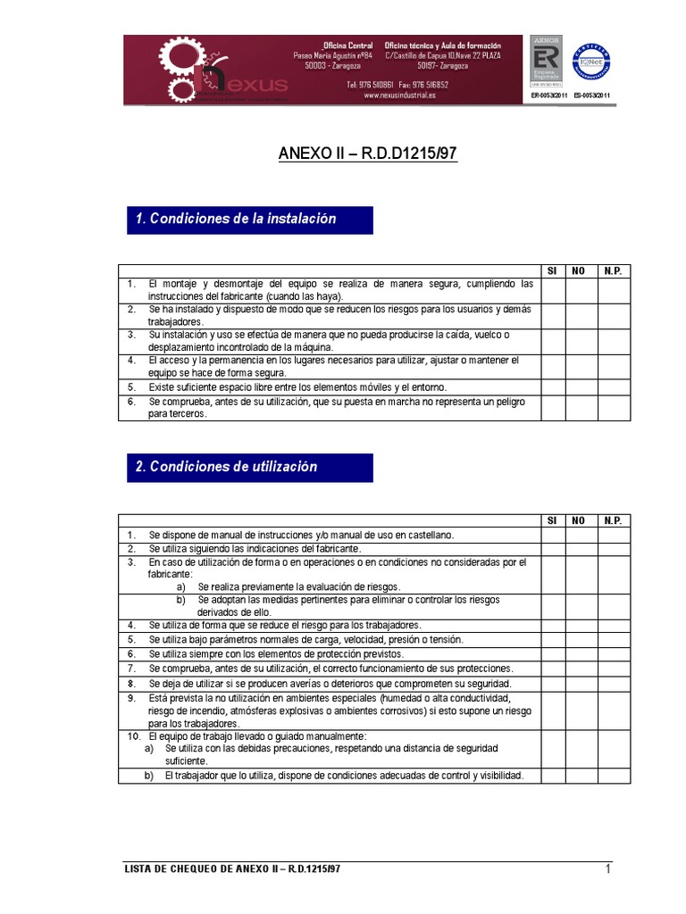 Checklist Anexo II R.D. 1215/97 | PDF