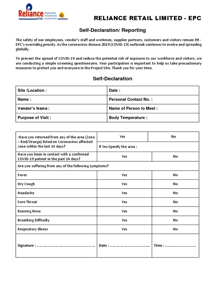 Safety Declaration Form for COVID-19 | PDF