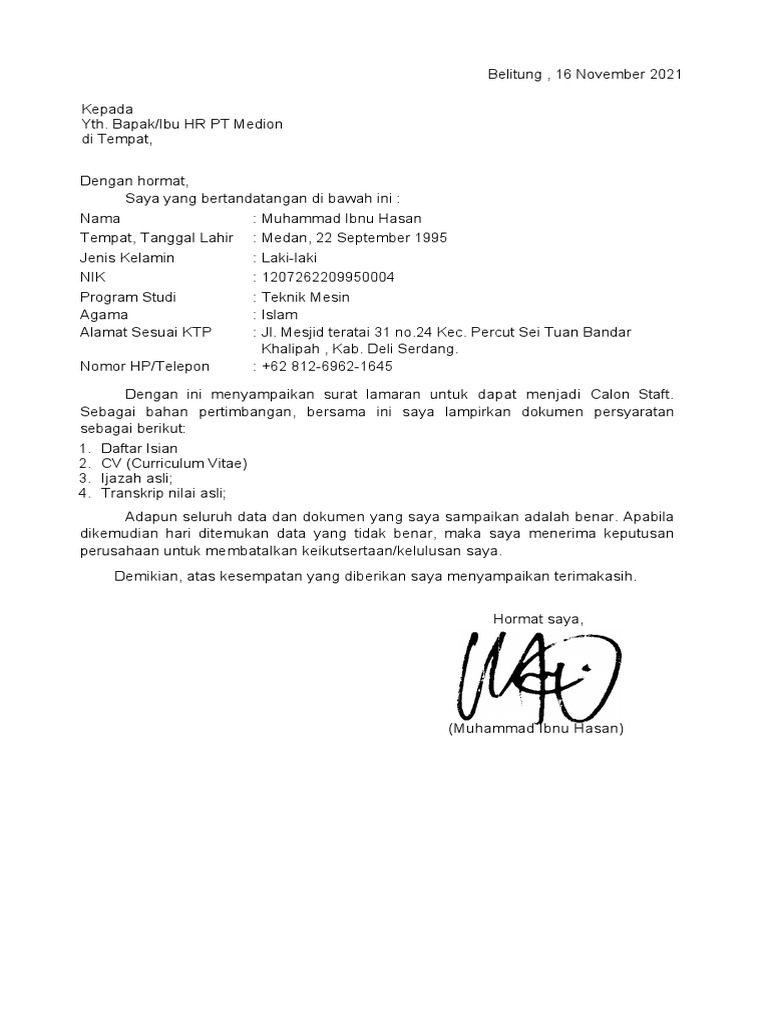 Surat Lamaran Kerja PT Medion | PDF