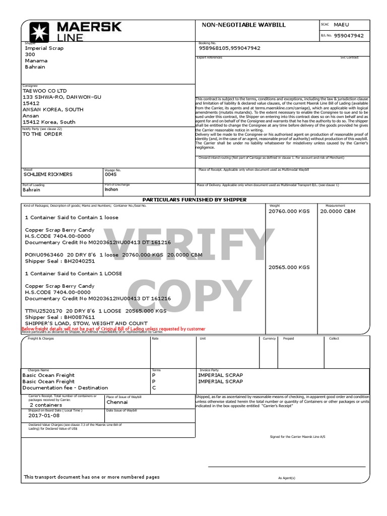 Verify Copy NonNegotiable Waybill PDF Bill Of Lading Cargo