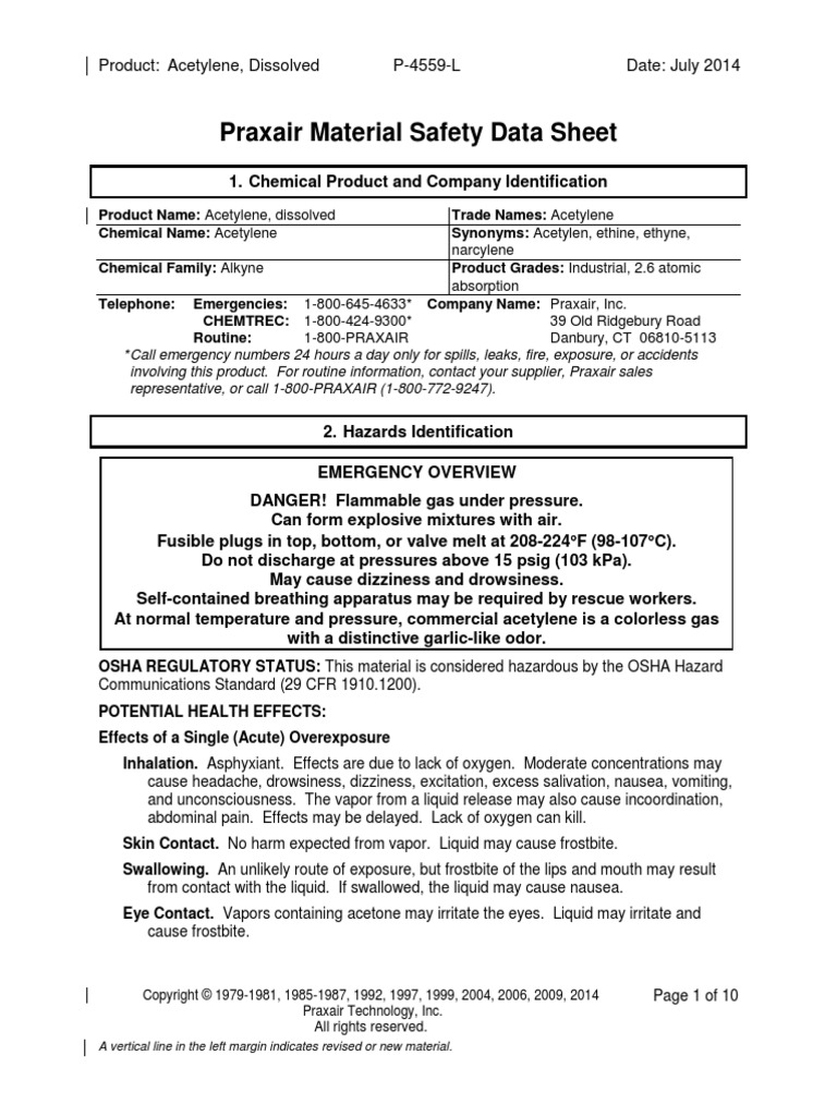 Acetylene Gas C2H2 Safety Data Sheet SDS P4559 PDF
