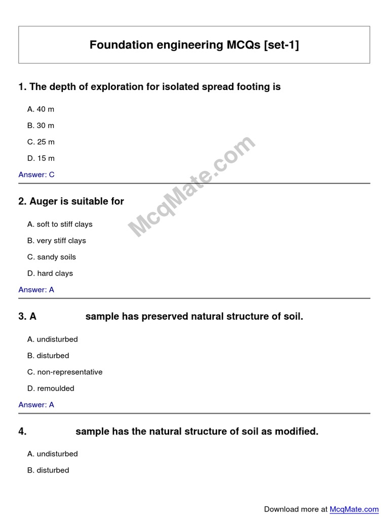 Foundation Engineering MCQs Set 1 | PDF | Physical Sciences | Applied ...