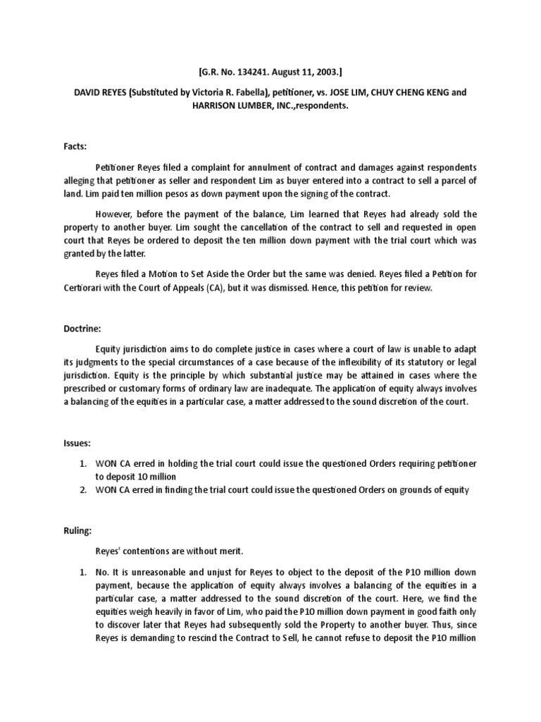 Reyes v. Lim (Case Digest) PDF Equity (Law) Common Law