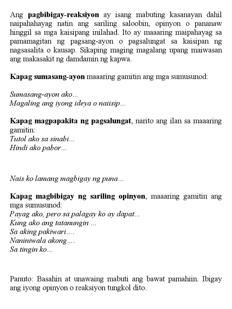 Ang Pagbibigay - Opinyon Grade 5 Filipino | PDF