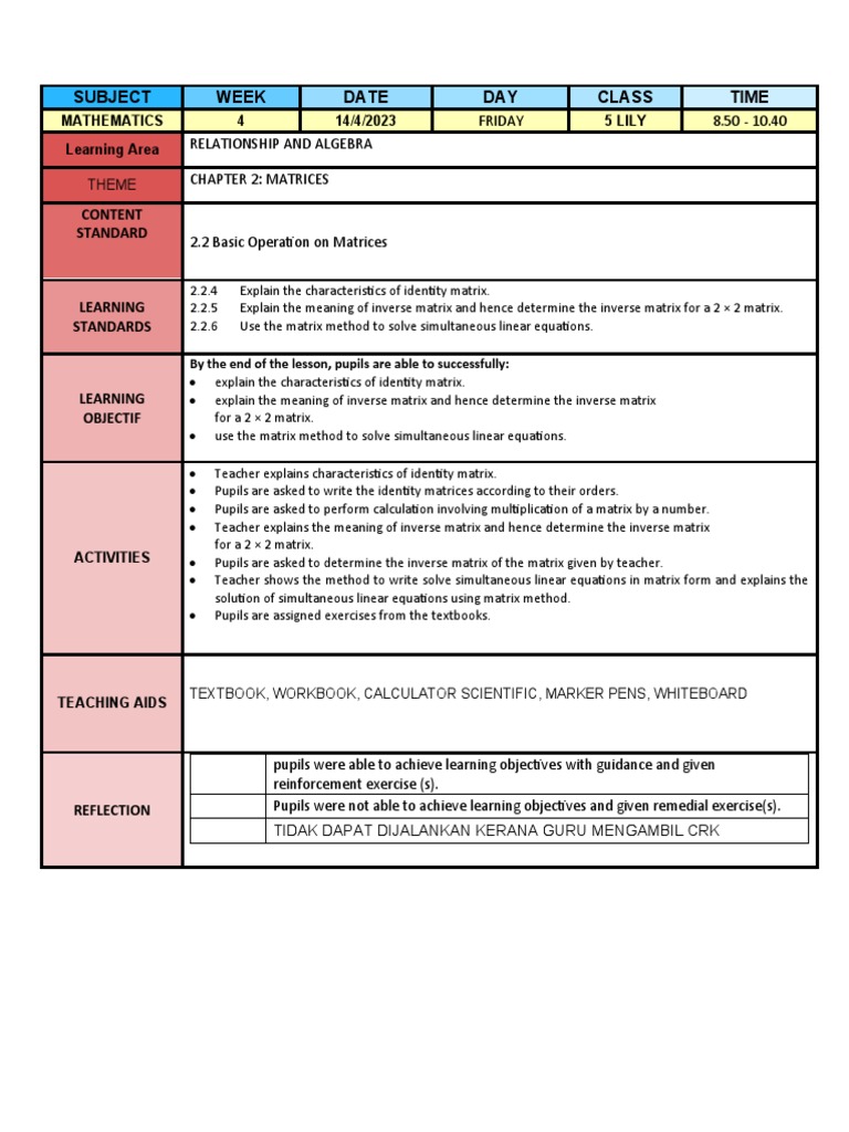 Mathematics Lesson Plan: Matrices & Quadratics | PDF | Teaching Methods ...