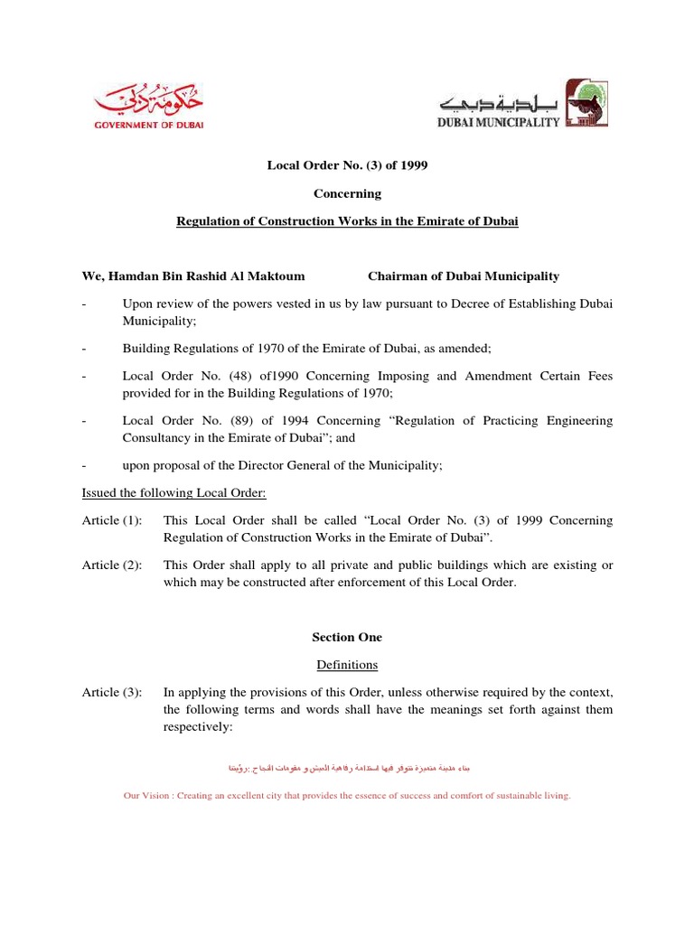 Dubai Construction Regulation Order 1999 | PDF | Dubai | Specification ...