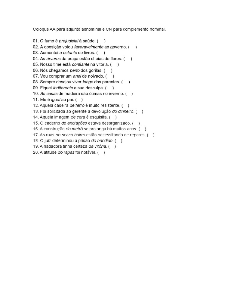 Frases com Adjunto e Complemento Nominal | PDF | Turismo | Casa e Jardim