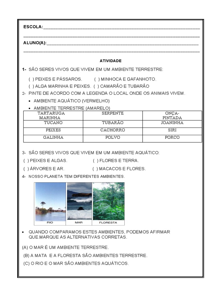 Atividades sobre Ambientes Aquáticos e Terrestres | PDF | Ciências e ...