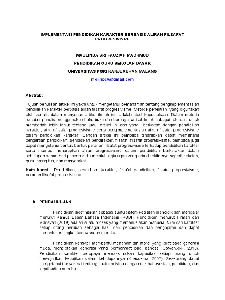 Implementasi Pendidikan Karakter Berbasis Aliran Progresivisme | PDF