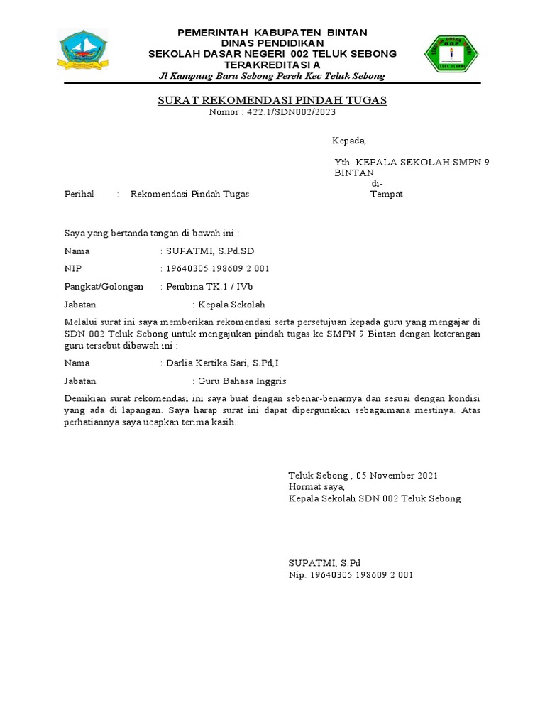 Rekomendasi Pindah Tugas Guru SD | PDF