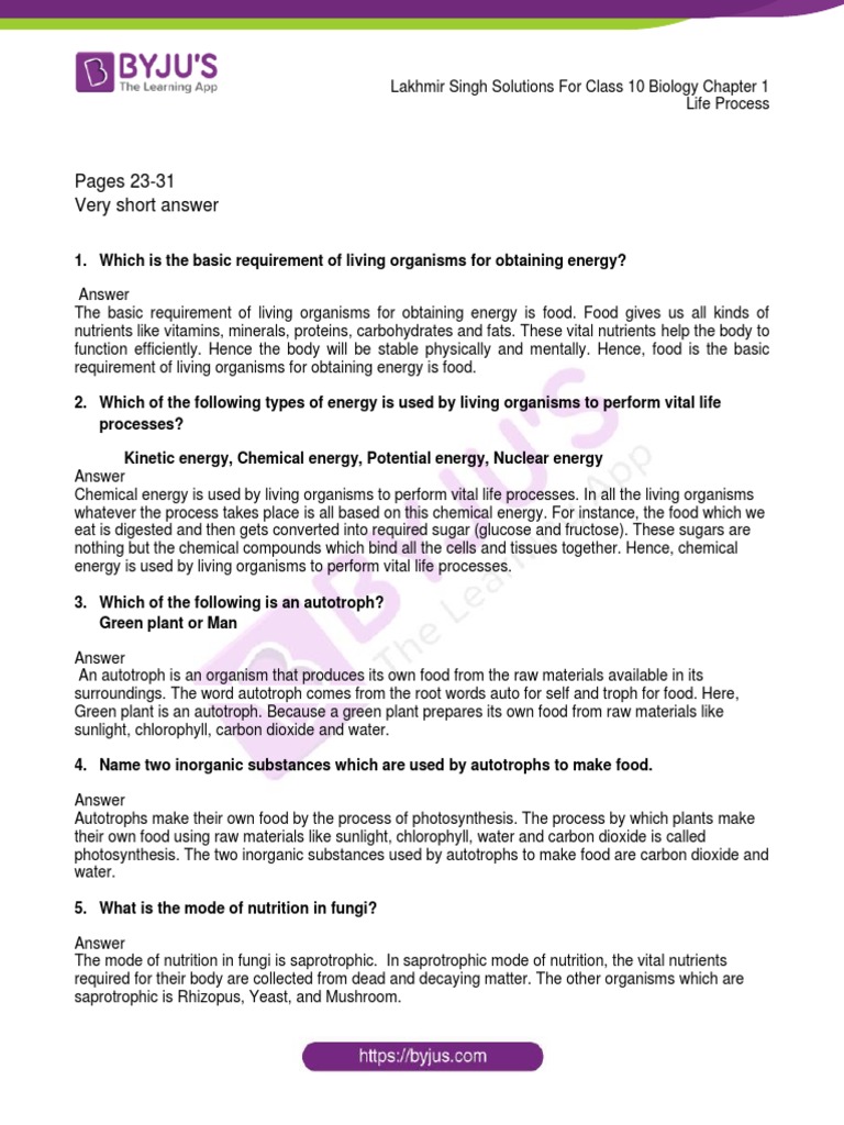 Lak Singh Solution For Class 10 Bio Chapter 1 Life Process | PDF ...